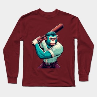 Vintage Monkey Slugger - Retro 1990s Cartoon Style Baseball Art Long Sleeve T-Shirt